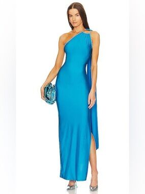 Khanums x Revolve Backout Gown Blue One Shoulder Rhinestone Maxi Dress NWT